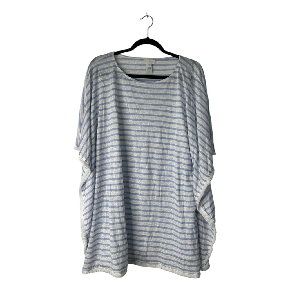 J Jill Kimono Top Size XL Blue White Stripe 100% Linen Fringe Trim Beachy Caftan
